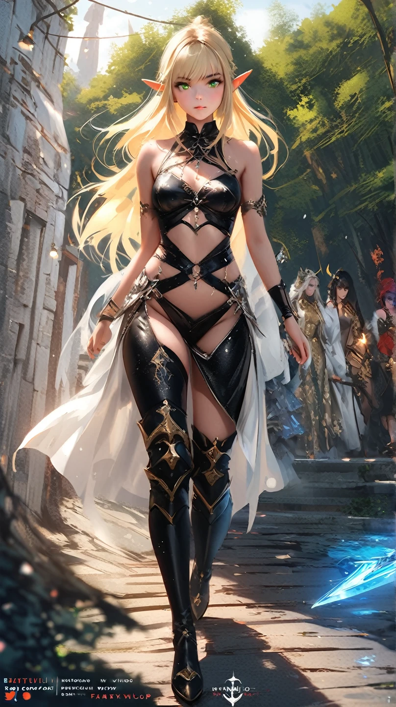 8K UHD, Digital SLR, Soft lighting, High quality, ((best quality)) ((best quality)), ((masterpiece)), (detailed), 4k image, anime style, fair caramel brown skin, African looking facial features, long flowing elegant halter neck dress with leather battle armor on top, fair caramel brown skin, white-blonde hair, sharp facial features, small elegant nose, full thick lips, thin and slender body type, small narrow waist line, small curvy hips, long flowing pixie cut hair, European gothic style clothing, white colored hold-up stockings, , no thigh visibility, low-top boots, spear in hand