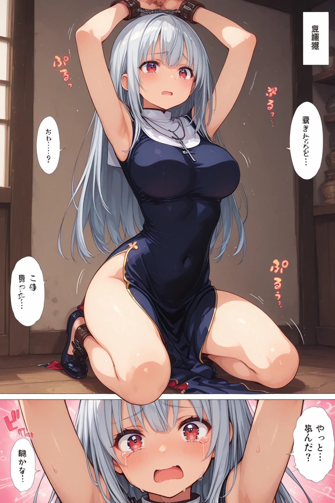 Close up portrait of one girl, bunny girl, leotard, fishnet stockings, silver hair, red eyes, braid, hands on her face, embarrassed, blush, concept art, beautiful anime scene, beautiful anime landscape, top rating on pixiv, best quality, 4K
