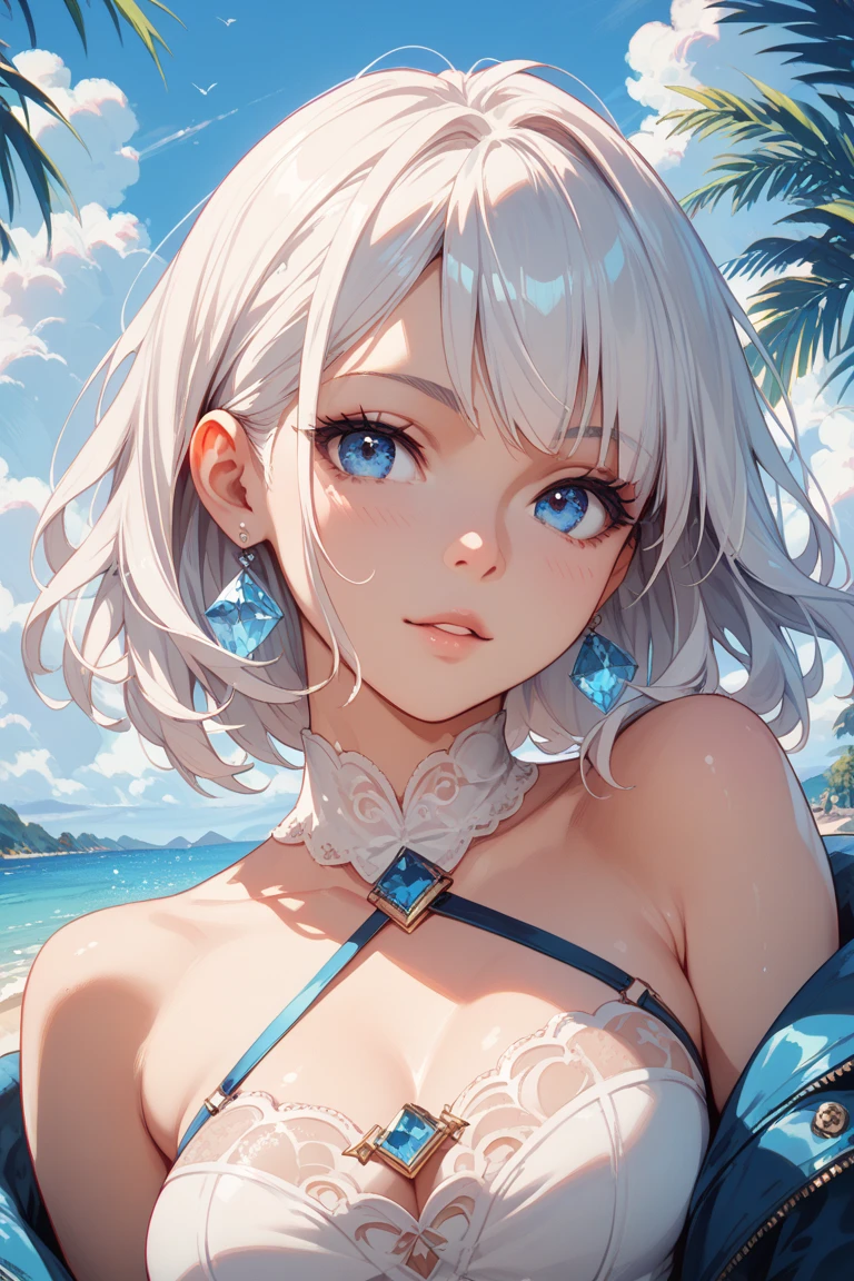 (Best Quality:1.3),4K,8K,8K Portrait,16K,(masterpiece:1.2),1girl in,Solo,(maximalism:1.5),pearls,ultra-detailliert,absurderes, ,(extremely detailed beautiful face and eyes:1.3),
(extremely detailed beautiful hair:1.3),delicate composition, (full body:1.6),cowboy shot,(sunlight, shore, beach background:1.3),
Super cute girl,(Medium Hair:1.8),(Braids:1.2),(White eyes:1.5),White hair,(is wearing Pearl-color monokini :1.6),(Jewelry Hair Ornaments:1.3),
(jewelry eyes:1.3),(Eyelashes:1.2),(symbol in eyes:1.3),(hight resolution, Twinkle,Glitter,Lens Flare,light Particle,Shining:1.3),(Lori:1.5),(cute:1.5),looking at viewer,