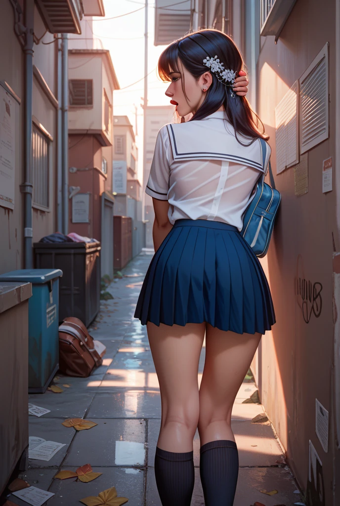 (back view:1.4),nsfw,(downtown, street:1.3),cowboy shot, 1girl, (school uniform:1.3),best quality , Masterpiece, Ultra precision, ultra high resolution, Photorealistic, detailed background, diffused natural Glowing skin, highly detailed CG unity 8k, professional lighting, physics-based rendering, brilliant brown hair, large breasts, (upskirt:1.2), bottom view, front view, blush,