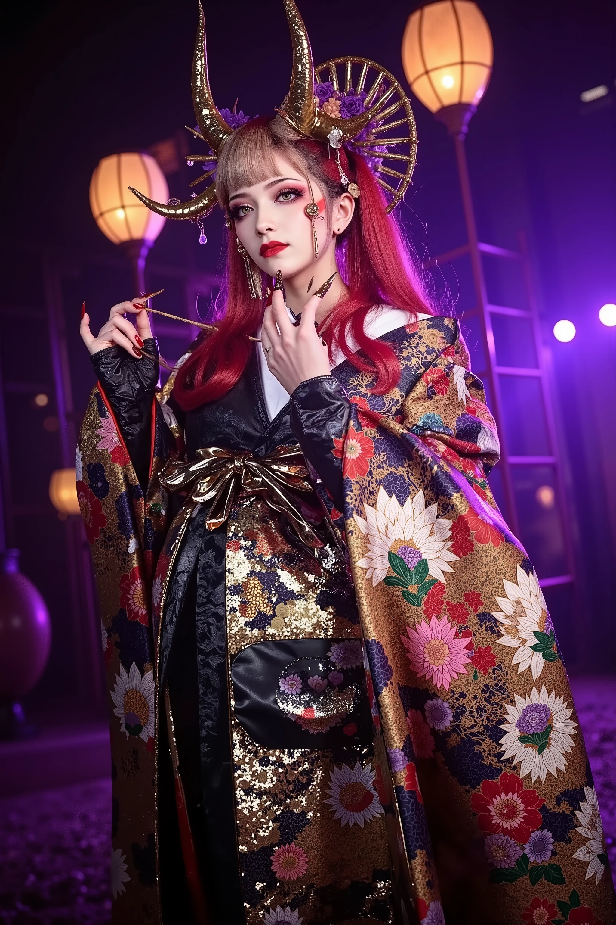artist photoshoot,looking down,dynamic angle,1 girl,heavy makeup,oiran,at night,mysterious lighting,she have two long (red and black) spiky horns on her forehead