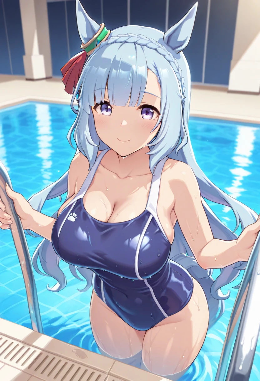 (highest quality, Super detailed, Very detailed CG, detailed and beautiful eyes, game CG, Moe, anime color:1.3), (NSFW:1.3), (topless, undressing:1.2),random pause,(((one piece_swimsuit, School_swimsuit pulling)))、((medium breasts, thin, glowing skin)),((Sage DQ3, beautiful girl, long hair, blue hair, circlet, red eyes, full body, blush your nose, smile, open your mouth))、Amusement park pool
