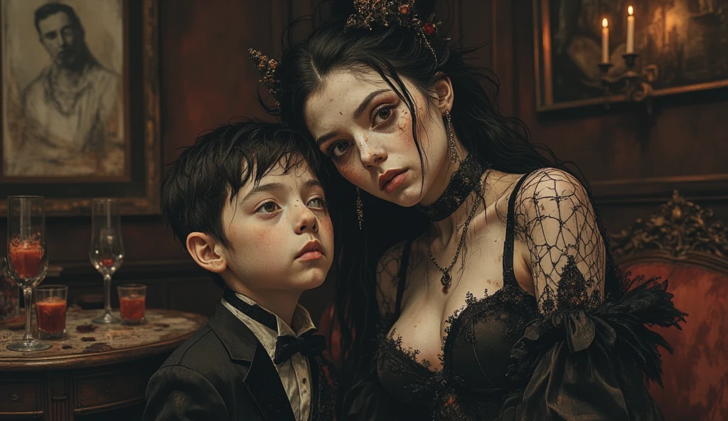 there is a man and a boy that are standing together,(masterpiece),(vampire),(unrivalled quality:1.4), ultra-high resolution,hyperrealistic, dark fantasy portrait, (sharp focus:1.1), photo of a vampire,gothic horror vibes, Guweiz-style art, dark fantasy mixed with realism, gothic aesthetic, gothic art style,HalloweenGlowStyle,red eyes,black lips,bat, gothic architectural style, full moon, moonlight,clean face