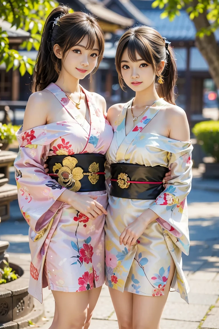 最high quality、high quality、best image quality、8K、最High resolution、High resolution、最high quality、masterpiece、realistic pictures、RAW photo、realistic atmosphere、(detailed face)、(fine hands、thumb１reference４)、(beauty of japan )、very nice face、cute face、((beautiful japanese girl))、(woman), ((18 year old beautiful girl))、(glossy black hair)、(straight long hair)、(ponytail)、whole body、slim style、(shiny skin)、(Fair skin, Glossy skin)、real human skin、realistic human body structure、perfect body， perfect face， perfect hands， perfect fingers， perfect lips， perfect eyes，perfect teeth、perfect background， perfect atmosphere， soft natural light、samurai kimono、maiko kimono、servant、geisha kimono、japanese kimono、Furisode、kimono、Yukata、japanese traditional、((There is a very large mirror in the room.))、((The girl in front of the mirror and the girl behind the mirror are identical twins..))、((The twin girls are facing each other with a mirror between them.))、((twin girls have the same appearance(The same face、same hairstyle、Same body type、Dress the same、Same pose))、((Twin girls are playing and imitating each other(pantomime))、((colorful transparent see-through(flowery kimono、Hakama with side slits))、Angle from a diagonal