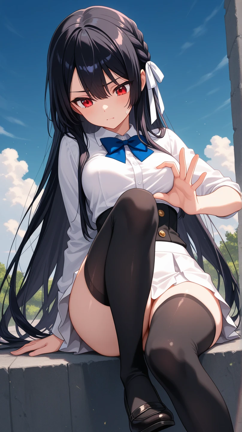 1girl, black hair, blue eyes, black blouse, slight smile, detailed face, long hair, breasts, thighs, angle focused on the ass, mountains in the background, sitting, detailed face, thin panties