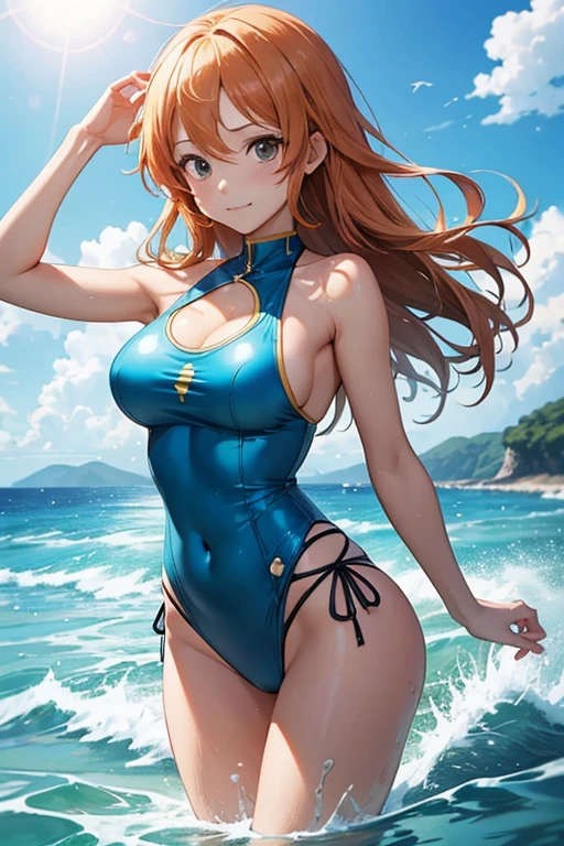 (((masterpiece、Highest image quality、highest quality、highly detailed unity 8kwallpaper)))、((Illustration of one girl))、((orange hair、side pony、orange eyes))、swimsuit、sandy beach