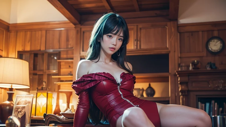 (full body)), 1girl, white Asian, (long black and purple hair), ((red outfit)), ((bite her lips)), (detailed face), beautiful eyes, lips, nose, (detailed skin), beautiful facial features, high quality, ((in a bar)) ((photorealistic,extremely detailed) ,8k,masterpiece,bright colors, cinematic lighting, (no blurry),