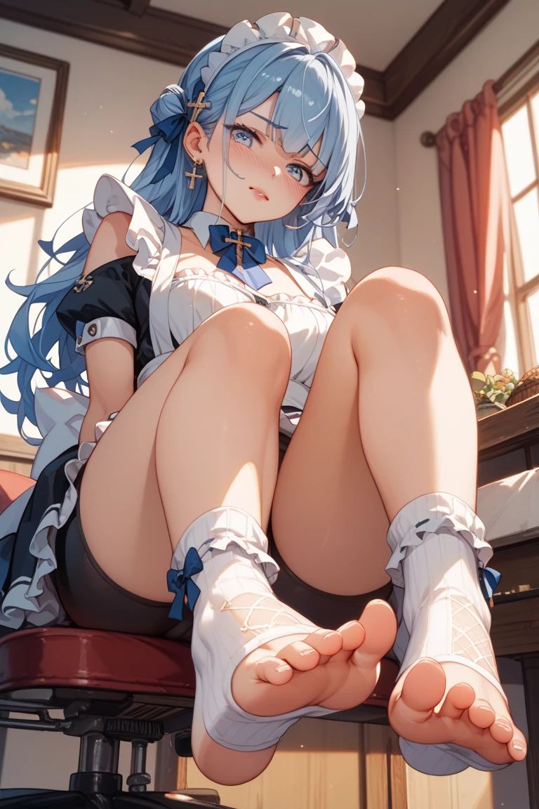 (masterpiece:1.2), hyper detail, best quality, (intricate_details:1.1), beautiful detailed, beautiful hair, solo, 1girl,ANIME COLORING,FUBUKI_BASE, WHITE BLOUSE, DETACHED SLEEVES,BLUE NECKERCHIEF,WHITE HAIR, SINGLE SIDE BRAID, AHOGE, PIERCING, FOX TAIL,BLACK SHORTS,((THIGH STRAP)),((SINGLE THIGHHIGH)),sweating,greasy shoulder,((Pupil details)),((backlighting)),((pov)),middle breasts,yandere,yandere smile,blush,heavy breathing,steam,shaded face,blurry background,dark background,glow eyes,((from below)),sitting,((crossed legs)),thighs,thigh focus,legs,((sitting)),((sitting on the bed)),feet,five toes,wide eyes,looking down,thigh,legs focus,feet,five toes,one feet have five toes,2feet,((two legs)),soles