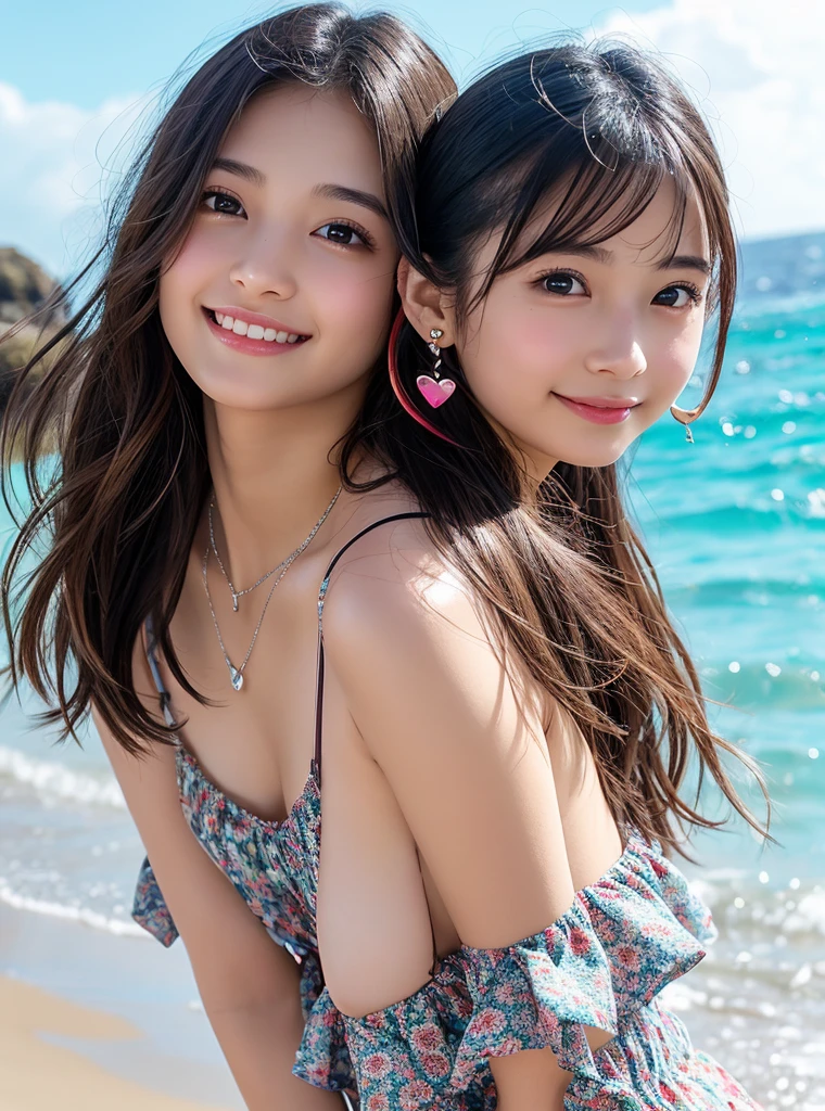 (8K、RAW photography、top-quality、tmasterpiece:1.2)、ultra - detailed、Hyper-Resolution、(hyper realisitc:1.4)、（Use the kiss you throw as a camera）from the above、camera shot from above、Shoot the camera angle from above、I look at this with upward eyes、Arms outstretched、Arms spread wide、Use high-quality images taken from above with your camera、(5 digits in Girl on the Beach 1:1.3)、、Offshore girls（dreamlike lighting）Head to waist、、white skinned、Fair-skinned female proofreading、super high image quality、、Beautiful female proofreading reflecting in light、astonishing detail、Beautiful girls in very detailed、(Faces with different patterns1:1.2)、(Different facial emotions 1:1.3)、Each hairstyle has its own characteristics、colours々Hairstyles、colours々The hair color shines with a clean sheen、I love fishing on the boat、Brown hair shining in the light、One has a ponytail、、Modern cute girl、very detailed faces very detailed eyes、Very realistic skin、 Extremely detailed fingers, Highly detailed nose, highly detail mouth, perfect anatomia, (Off-the-shoulder ta costume 1:1.2)、、Their hair details sparkle、Hot teeth and smiles、Realistic body, white skinned, glistning skin, Slim body, Long straight hair, (Blunt bangs:1.2), , nixeu and sakimichan, twice, seifuku, sakimichan, promotional still, lalisa manobal, alena aenami and lilia alvarado
