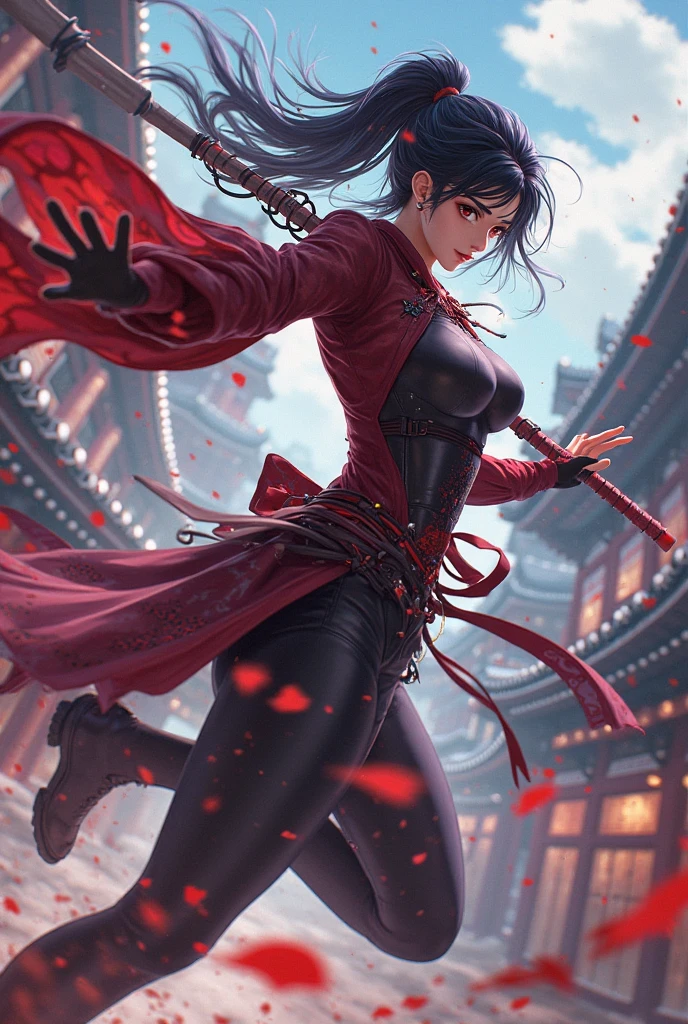 medieval setting, full view of body, 1 skinny female with large breast, beatiful smokey green eyes, black hair pinned up, strapless beautiful swing dress, red scarf around her neck, eerie sunset