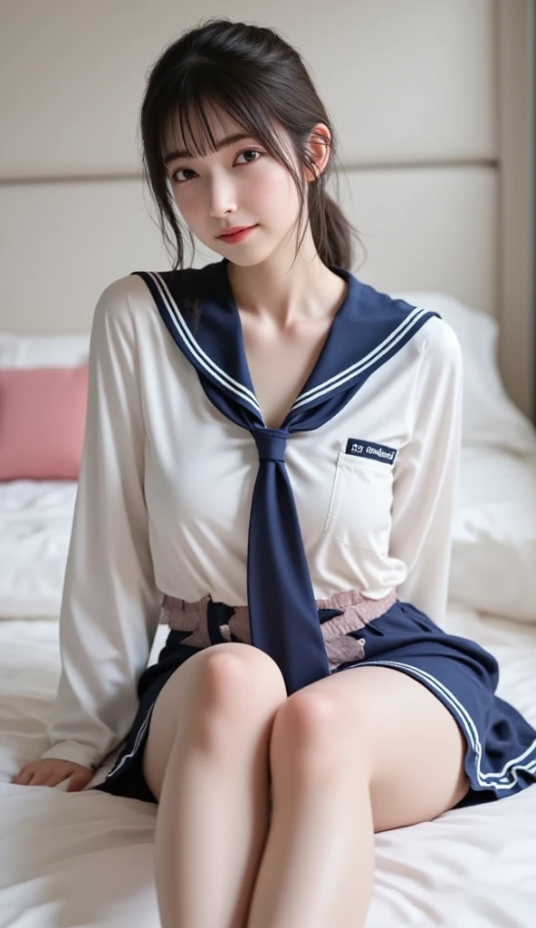 The top half of a traditional sailor suit、Japanese high school students、15 year old female, RAW shooting, (realism: 1.8, Realistic), High-definition CG integrated 8K wallpaper, One Girl, camera'sight, ((Straight from the front))), (Headquarters Skin: 1.8, Glowing Skin)), 8k er, Digital single-lens reflex camera, Soft lighting, high quality, (whole body: 0.5) (Professional Lighting: 1.6), Japanese women, 足首からwhole bodyまで, Shooting from the feet up, height: 160cm, Weight 50kg, (((Her skirt is rolled up and her underwear is visible..)))、(((Legs open)))