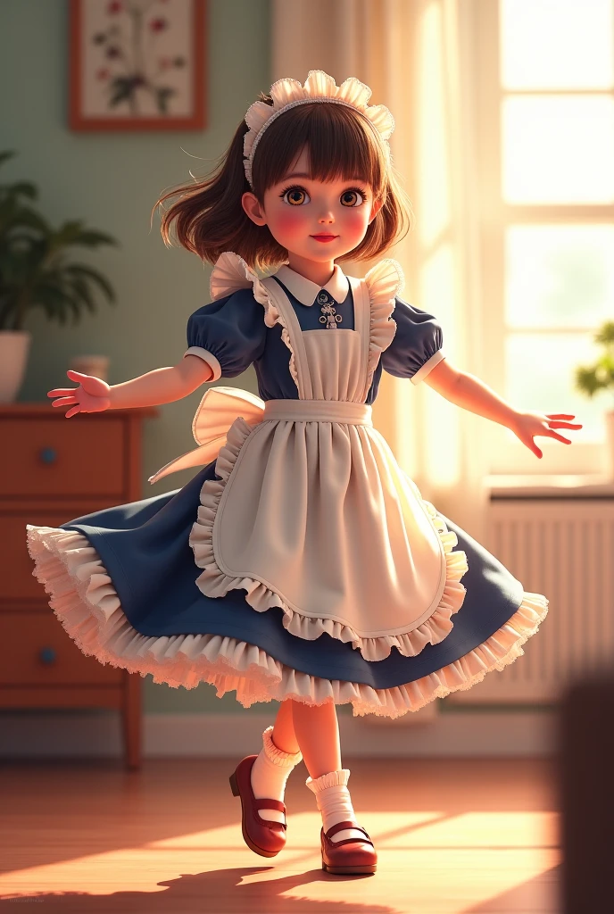 dark blue eyes. Brown hair, bangs tied into two braids. Bangs up to her eyelids, She wears a black hairpin, white and blue dress with a blue bow around her neck, Blue socks with a white stripe on the top, and his shoes are black. Her braids are finally tied with two small blue bows.. 1.30 tall,