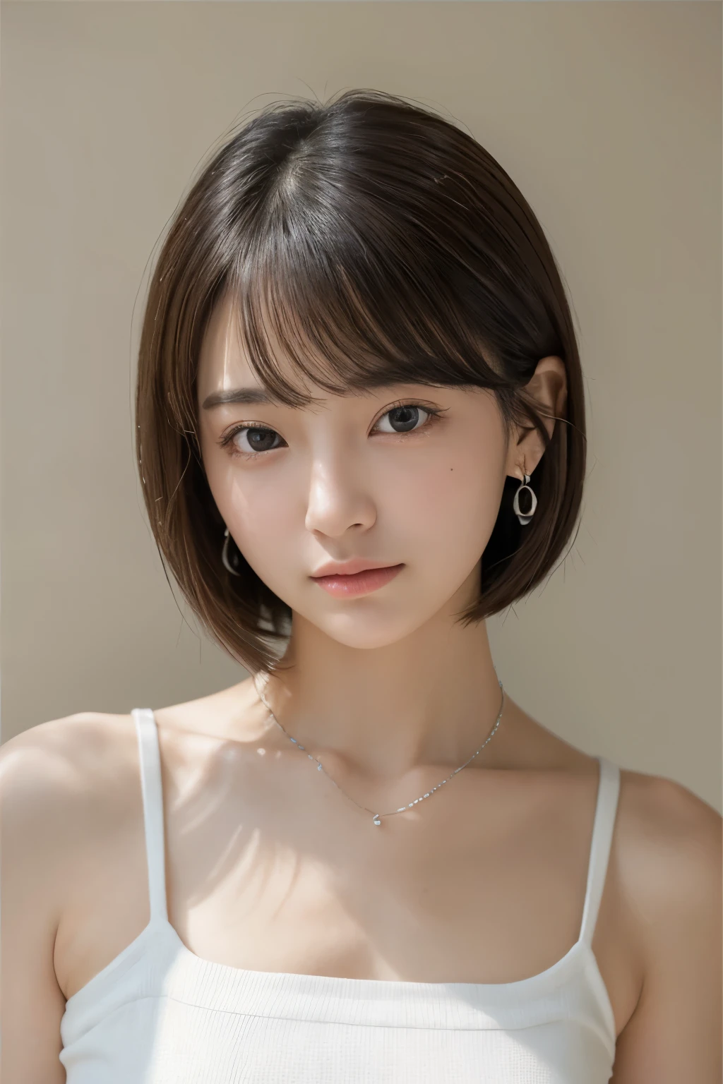 (Medium straight hair, brown:2), (masterpiece, best qualtiy, Light photo, Photorealsitic:1.5), BREAK (1 girl in, solo, Lone Woman, Solo Woman, Beautuful Women, Japan with white, clean skin and good style, sixteen years old:1.7), BREAK (Stunning innocent symmetrical face, Beautiful fece, light skinned:1.7) BREAK (Beautiful eye details, Beautiful noseline, Details of a beautiful little nose, Beautiful thin lips Description, Fair skin:1.5) BREAK (long-slitted eyes, Drooping eyes:1.4) BREAK (Grey Tight Tank Top Knitted Dress:2), (Black choker:1.5), (Looking at the camera, Focused, Cheerful, flushed:1.8), (Forced laughter and blushing:1.7), (Large breasts, neat shape breasts:2.5), (slender:2), (Thin body, thin waist, Thin under the chest,Thin arms, thin neck, thin legs, thin shoulders, sloped shoulder:2), BREAK (Simple gradient background in white:2.2), (Midnight, It's nighttime, so it's very dark around, Flat lighting with very weak light:2), BREAK (9 Head Body, Beautiful Large Breasts, Beauty Slender Body Line:2),