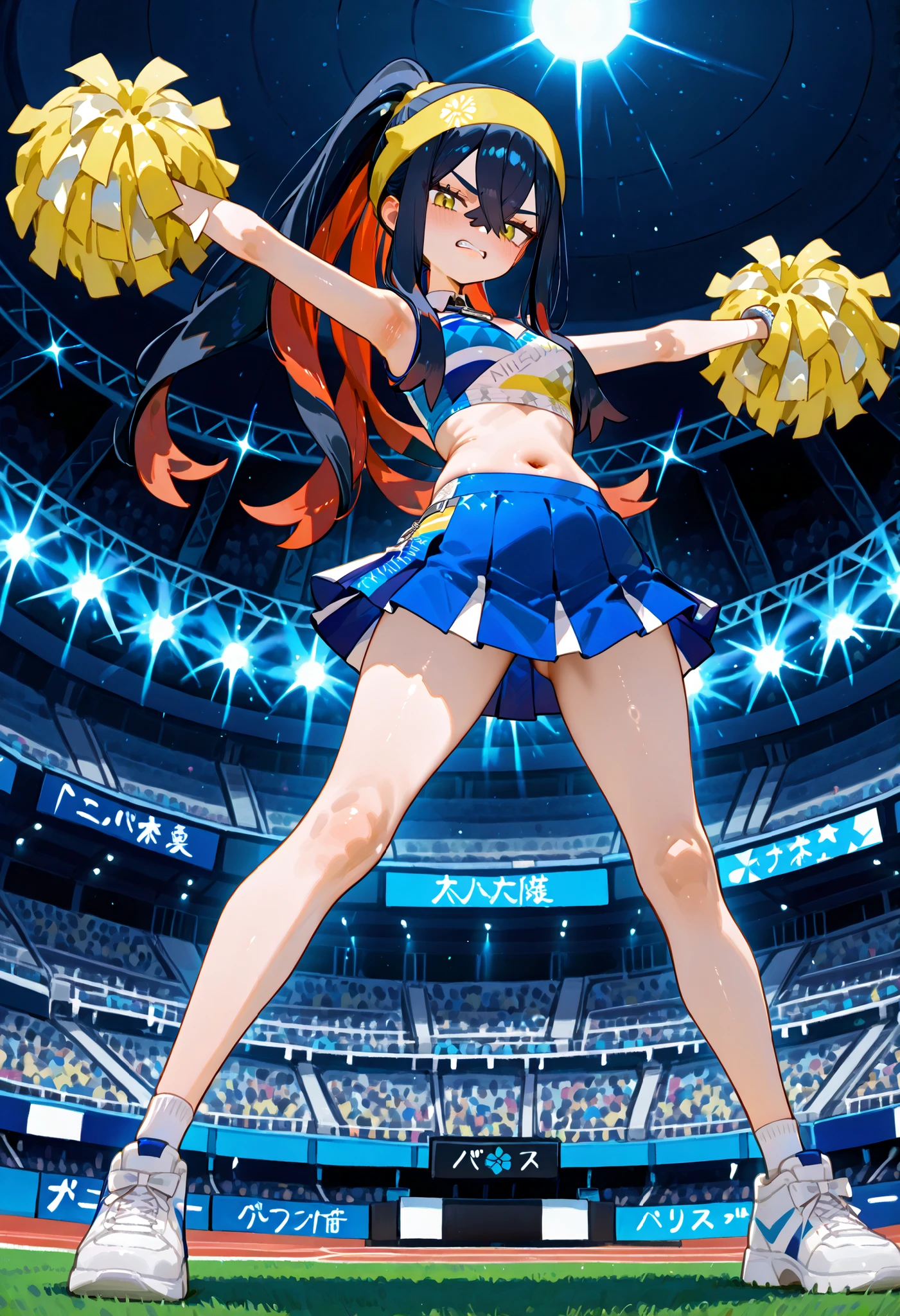 Cute Japanese, black hair, red glowing eyes, cheerleader, left legs up, both hands up, blue uniform, yellow strips, cute