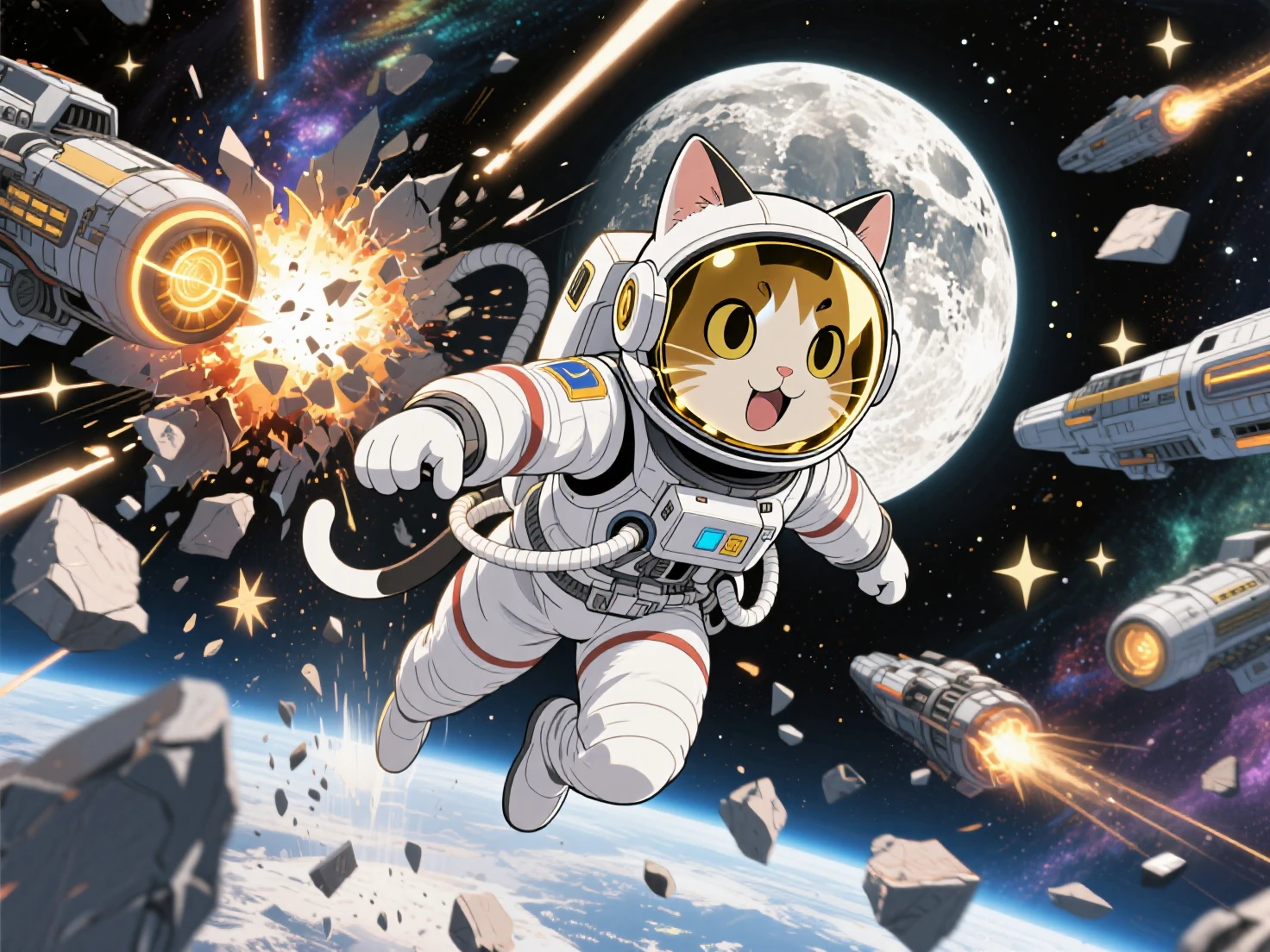 gato naranja con traje espacial colosal jugando con un planeta como juguete en mitad del cosmos jugando con los planetas