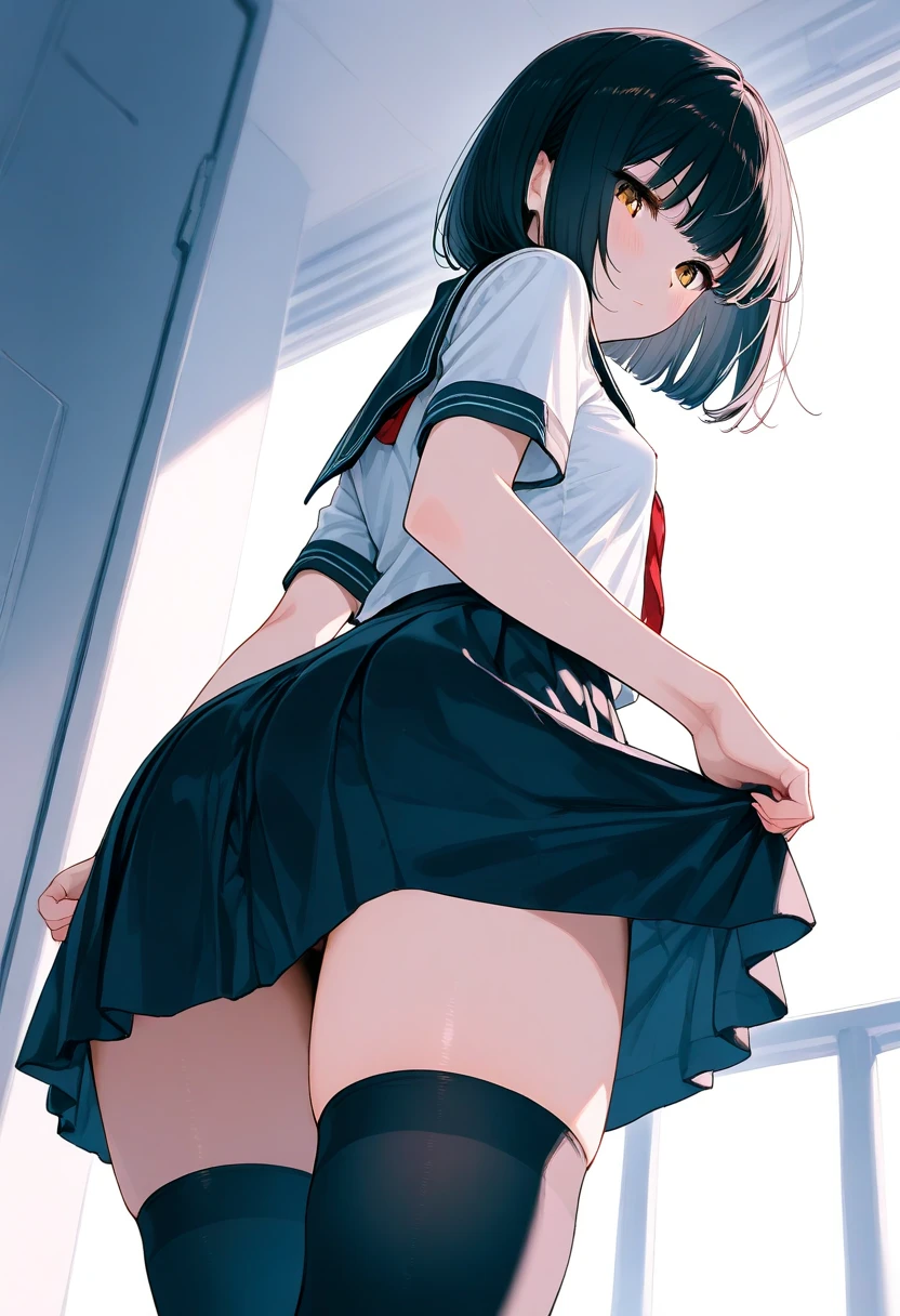(((nsfw、see through)))、sunny、Blue sky、high quality、high resolution、(((Little Girl)))、(((Young Girl)))、(((little girl)))、、Short height、whole body、back、Back view、Butt、Thin legs、Angle from below、Low - Angle、Black Hair、Cat ear、Long Hair、blue eyes、sexual excitement、Face of Shame、Moist eyes、(((Eyes are hearts)))、Feels good、(((tears)))、(((Whimpering)))、(((tearsを流す)))、shed tears、Hot Breath、smile、Climax、orgasm、(((Ogasumu)))、(((Drooling)))、(((Drool)))Sweatばむ肌、Sweat、(((Lead)))、(((Leadを首に付けた少女)))、Tough Collar、(((girl with a leash around her neck)))、My crotch is wet、My crotch is wet、Adult Toyasturbation、(((Vaginal Vibrator)))、(((Clear liquid splashing from the vagina)))、high quality、Sailor suit、Ruffled Skirt、(((Check miniskirt)))、barefoot、Sexy、School、Show your crotch、Showing off your crotch、I'm not wearing panties、No underwear