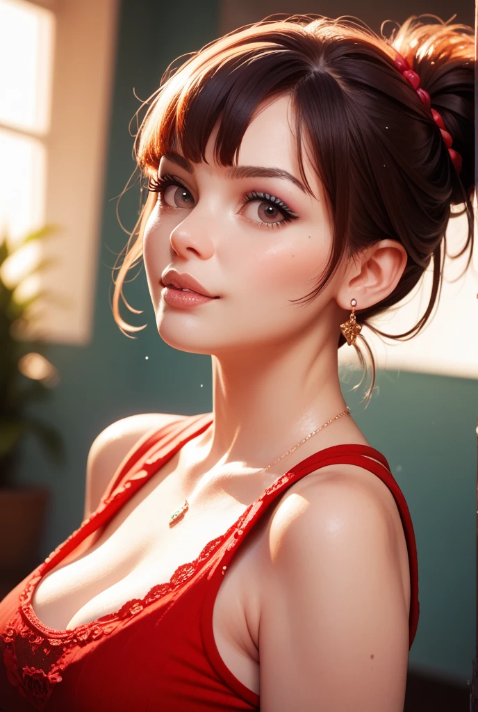 8k, mesa, raw photo, Best Quality, photorealistic, Fondo de pantalla CG Unity 8k altamente detallado, Depth of fields, Professional lighting, ray tracing, (extremely beautiful face, Beautiful lips, pretty eyes), face with intricate details, ((ultra detailed skin)) 1 girl in, deep shadow, Beautiful, ((looking at the viewer)), (seductive smile), (blurred background), (long and sagging breasts:1.5), (super huge breasts:1.5), earrings, wifes, collar, light eyes, black backgrounds, front shot, (Pale skin), look forward, (large eyes), (upper body shot), (camel toe), , (Horse tail), ((seductive smile)),down on my knees, Red suits