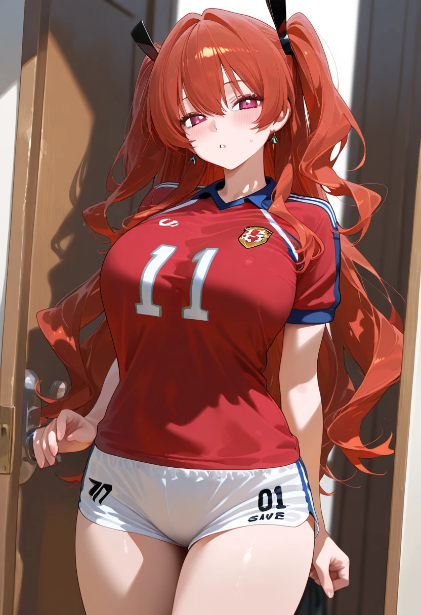 ((Best quality)), ((Masterpiece)), (Hinge), Perfect face, red eyes, red long hair, male, blue and red clothes, cowboy shot, Chigiri Hyoma, soccer ball, sports outfit, feminine, small build, tiger plushie, red aura, (detailed, sharp details:1.3),(masterpiece:1.3), 1boy, innocent expression, skin texture, cute, (masterpiece, best quality, high quality, highres, ultra-detailed:1.1), male solo, masterpiece, anime, masterpiece, full body, outdoors, masterpiece, best quality, ultra-high-detailed, (White and tender skin), refined appearance, well-defined muscle lineasterpiece, best quality:1.2), looking at viewer, smile, glowy eyes, solo, beautiful red eyes, floating hearts, amazing 4k artstyle, cool eyes, cool eye effects, radiating lights, sanpaku, 1 male, male character, long hair, holding a soccer ball, short sleeves, big thighs and ass, amazing 4k style, 8k, hands on hips, blushing, holding a blue dildo in hand, sucking on dildo, dildo inside mouth