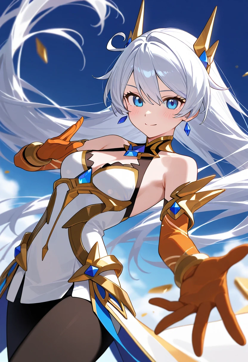 masterpiece, best quality, 1girl, <lora:tobiichi_origami_angel-000002:0.8>, tobiichi origami angel, blue eyes, solo, standing, crown, white hair, short hair, bangs, hair between eyes, white veil, looking at viewer, smile, bare shoulders, cleavage, small breasts, detached sleeves, elbow gloves, white bow, white bowtie, (white dress:1.2), white gloves, cowboy shot, white thighhighs, center opening,