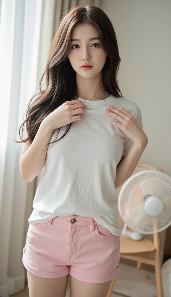 4k, high-res, best quality, (Korean idol), finely detailed skin, smooth face, sharp focus, (cinematic lighting), soft lighting, dynamic angle, [:(detailed face:1.2):0.3], A young Korean woman  relaxes at home in casual jeans and a T-shirt.