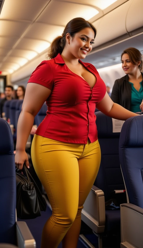 Chubby fat bbw nerdy latina young woman (20 years old), chubby belly, long straight black hair, wearing blue jeans and yellow shirt, Golden necklace, sitting in the airplane, smiley expression, full body picture, view from the side