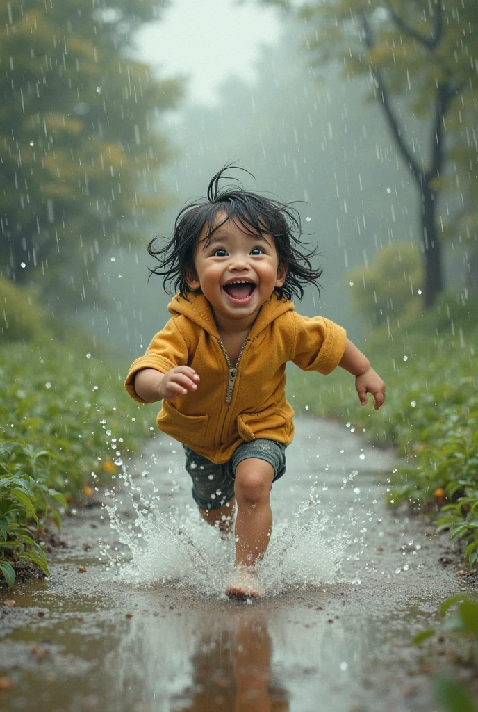 Create UHD photorealistic realistic photo, no animation, no 3D image, no Pixar style animation, no extra fingers. 20-month-old French-Vietnamese boy named Marin, gleefully splashing in a puddle with paper boats. Nikon Z9 with 24-120mm f/4 lens. Overcast natural lighting after rain. Lifestyle documentary style.