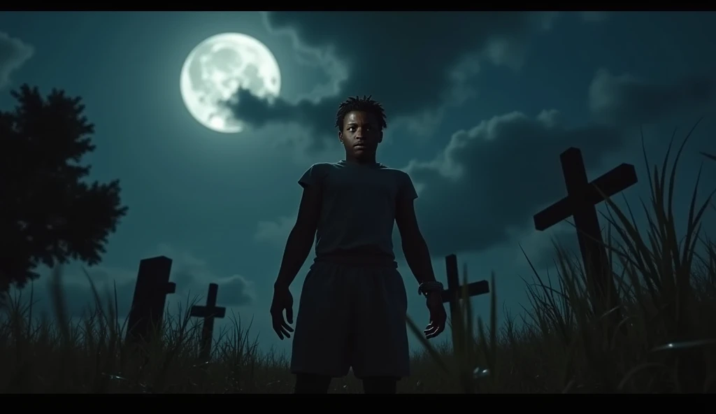 Create a painting of a skinny black teenager with a demon tail and horn standing at a crossroads in a cemetery around him catches fire