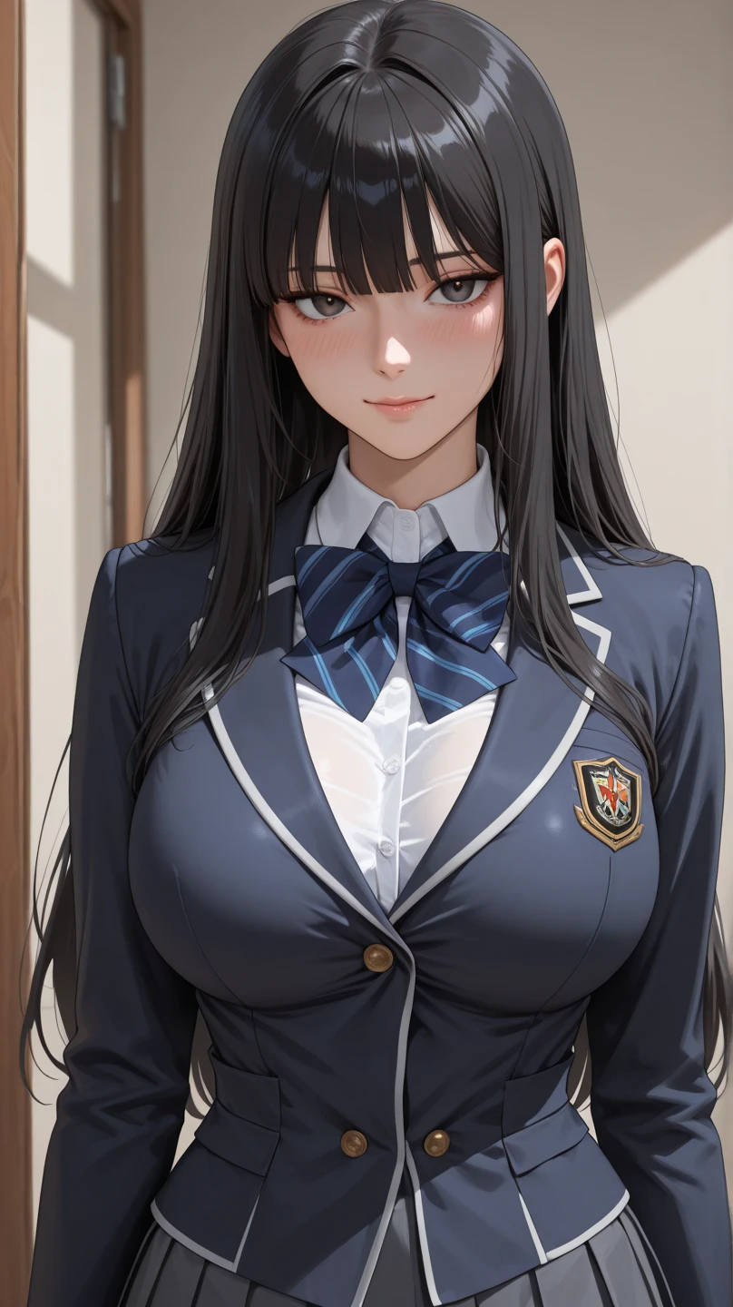 ((Best Quality)), ((masutepiece)), (Detailed), (highlight), Perfect face Young girl with detailed face showing cleavage、Red eyes and long, thick, glossy, beautiful black hair with blunt bangs、Single-color background、Standing wearing school uniform with blazer and miniskirt、