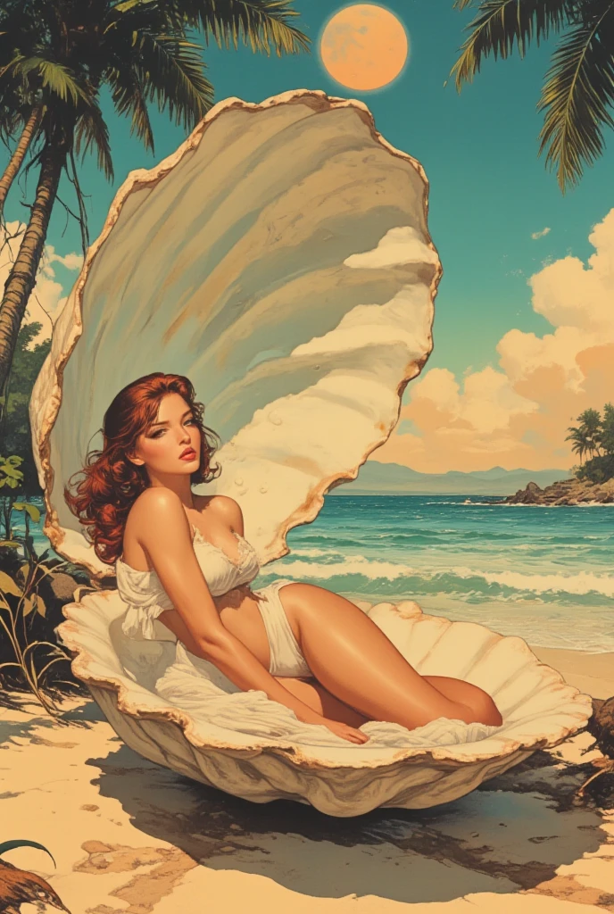 A Gil Elvgren pin-up style painting of a beautiful nude woman with big messy brunette hair, sitting on a beach towel by the ocean, vibrant and colorful, full body shot