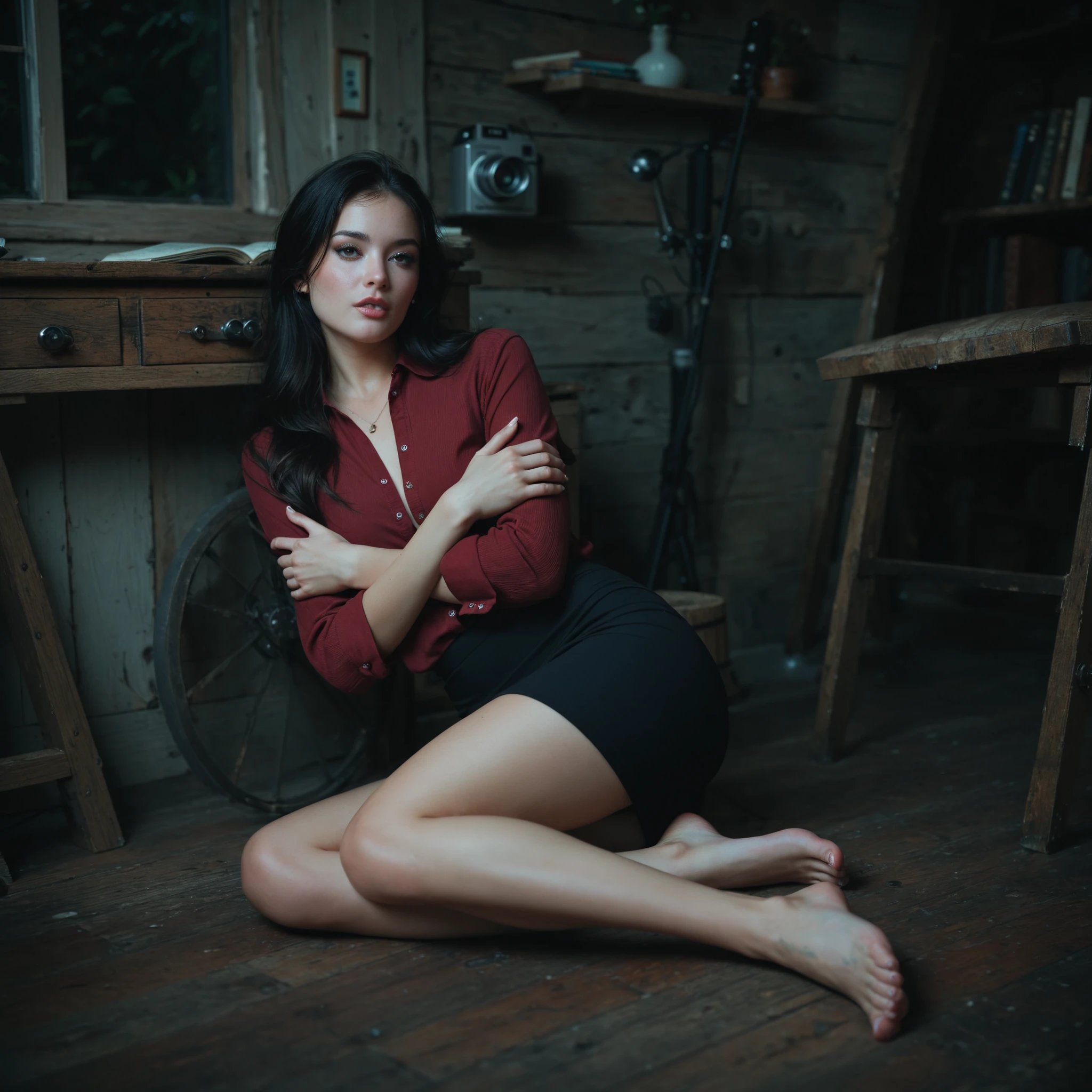 A European girl,in a dark, dilapidated wooden house,Sexy Side Lying Position,hold your chest with both hands,looks at the camera,Interior at night,long black hair,Shabby Red Shirt Top,in a tight black skirt,Barefoot,sits on the ground,Pitiful,shivering,