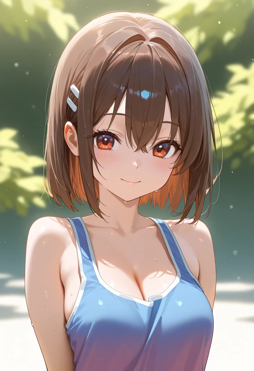 Beautiful young girl , Beautiful round breasts,Bust up front,Beautiful upturned breasts,G-Cup, Narrow waist,Brown skin,Short Bob,Baby Face, bikini top,(((Enlarged view of the upper body))),View from the front, Cleavage is clearly visible,Keep your head upright and smile,ID photo