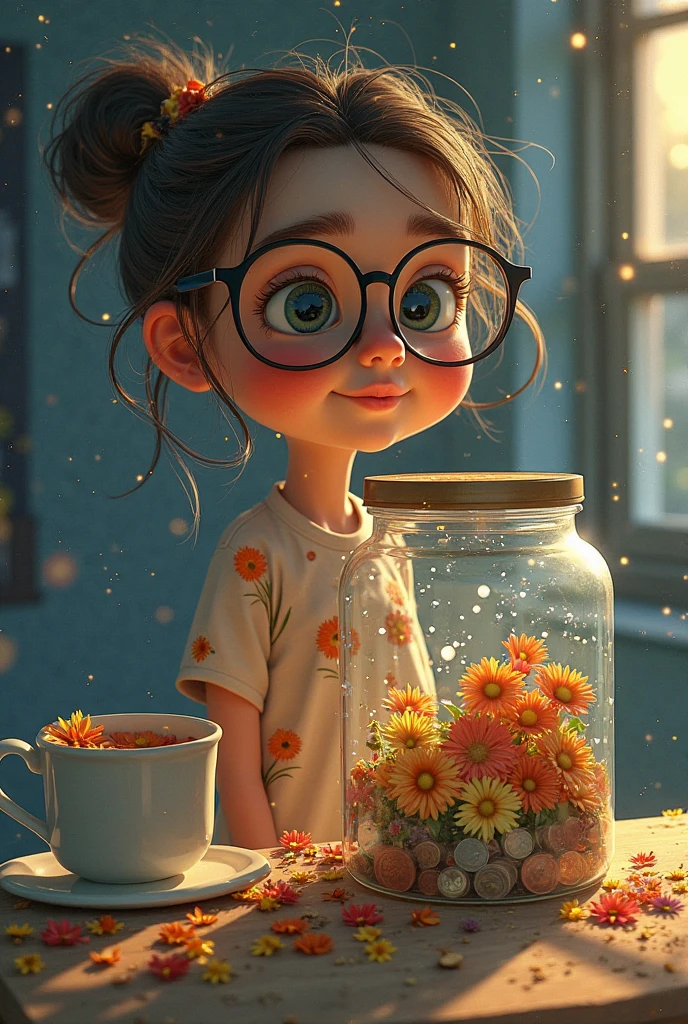 A town young big girl with specs and tied hair in a ponytail wearing tshirt and mini skirt. She hold a jar filled with water in kitchen