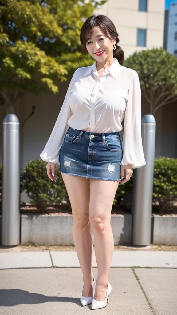 a pretty woman, dressed in white shirt, no skirt, no panty, unbutton, big breast, full body portrait, long legs, nice perfect face with perfect face, hyper realistic concept, 8k resolution, photography quality, naughty posing for a photo, photo realistic,