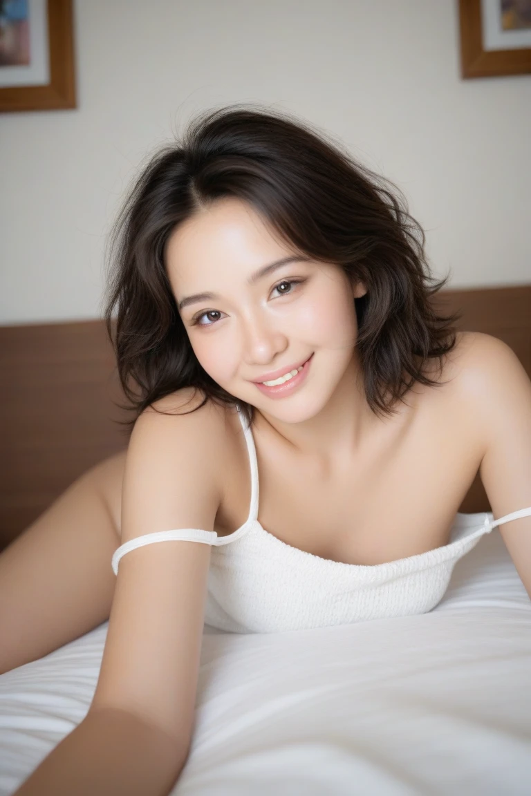 1girls, Nur, green Hair , 24 years old , Let her wear a stylish, eye-catching, beautiful, expensive nightgown, and pose in bed after just waking up.(Best Quality, 8K, Masterpiece:1.3)), Focus: 1.2, Perfect Body Beauty: 1.4, Hips: 1.2, ((Layered Haircut, , High Detail Facial and Skin Texture, Thin Eyes, Double Eyelids, Whitening Skin, , (Shut up: 1.3), Smile,
