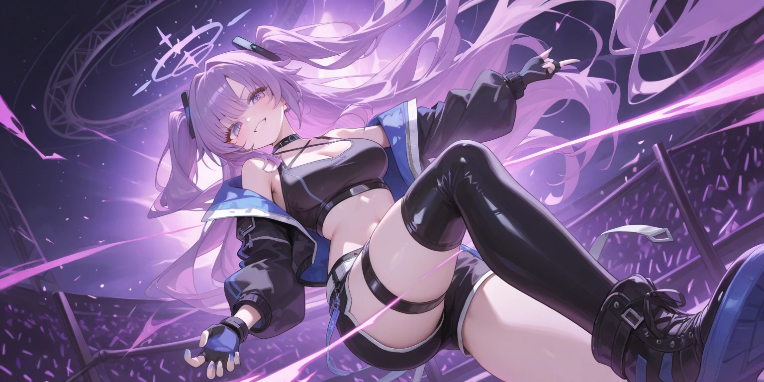 1girl, Roupas japonesas,Raiden Shogun, rabo-de-cavalo ,cabelos roxo, Purple eyes, Magical Circle, raio roxo, aura roxa, papel de parede, Landscape, sangue, respingos de sangue, profundidade de campo, Noite, light particles, raios de luz, side-lighting, Coxas, destino \(Series\), Impacto Genshin, ****, jaqueta aberta, saia, coxas, Cloud