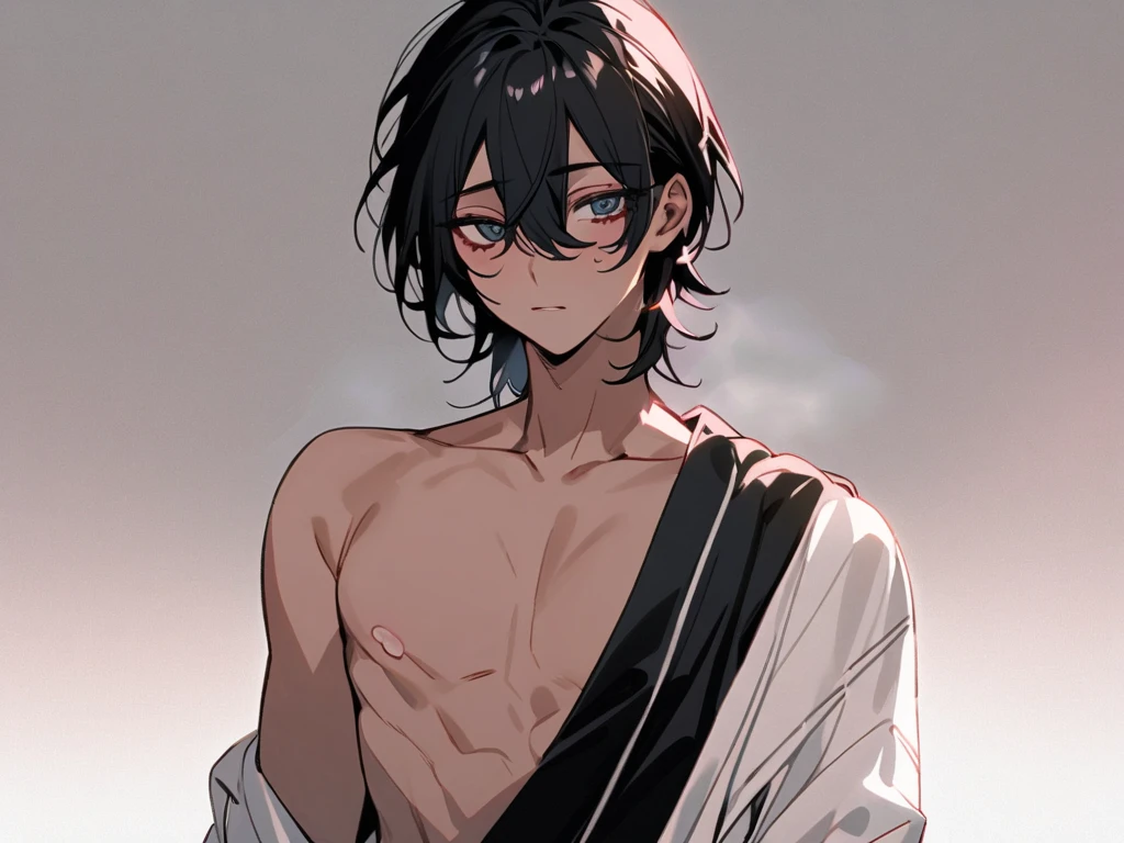 masterpiece, best quality, high quality, anime style, 1boy, boy, solo, male focus, cute face, adorable, looking at viewer, upper body, yuno, necklace, (shirtless, topless, bare chest), black hair, yellow eyes, hair between eyes, (armpit, showing his armpit:1.4)