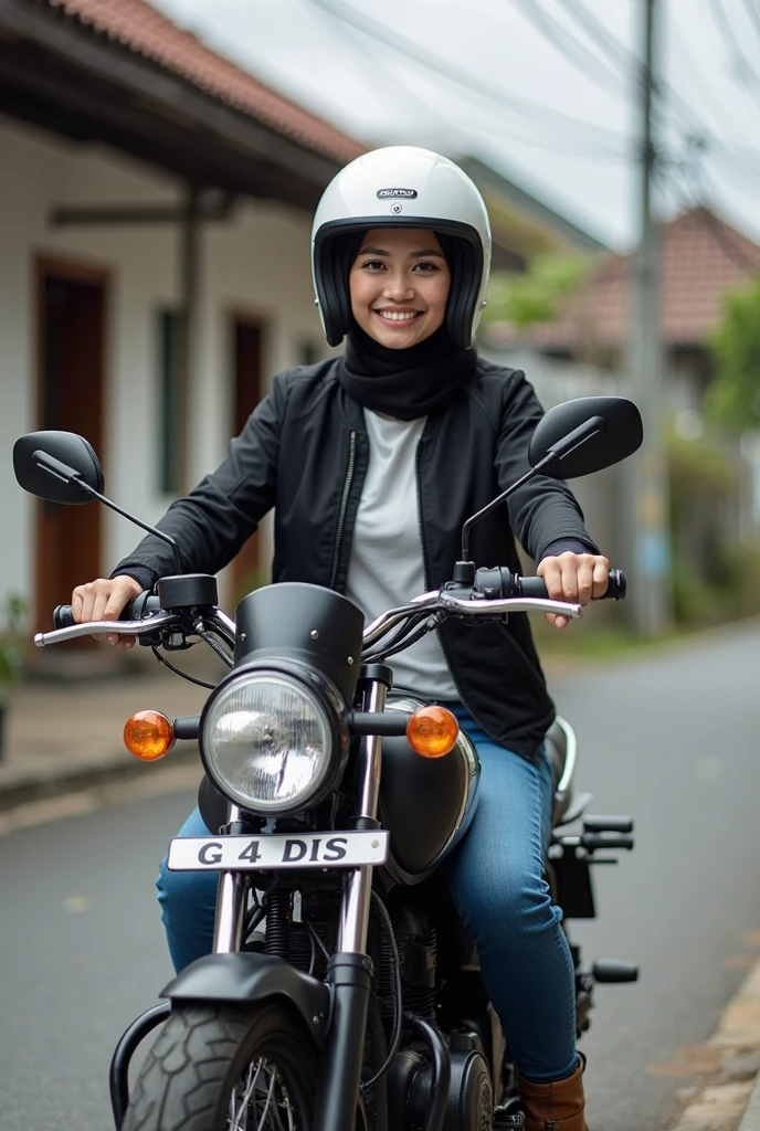 A photo of a beautiful Indonesian woman in a hijab, 20 years old, riding a shiny blue Harley Davidson motorcycle on a paved road with a cool background.