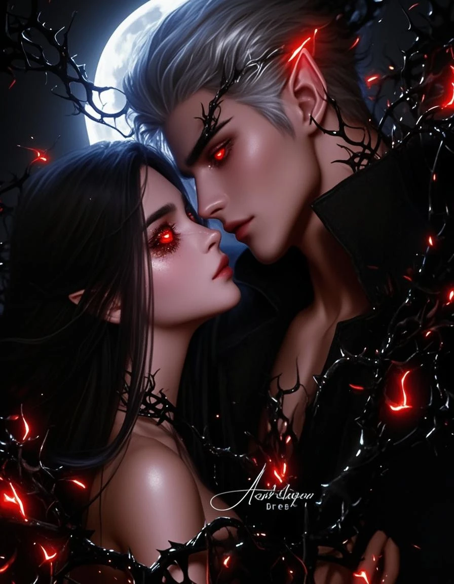 Make me a boy with black hair and red eyes. Who strangles a beautiful girl with very, very, very long blond hair. Obitą i bezsilną.