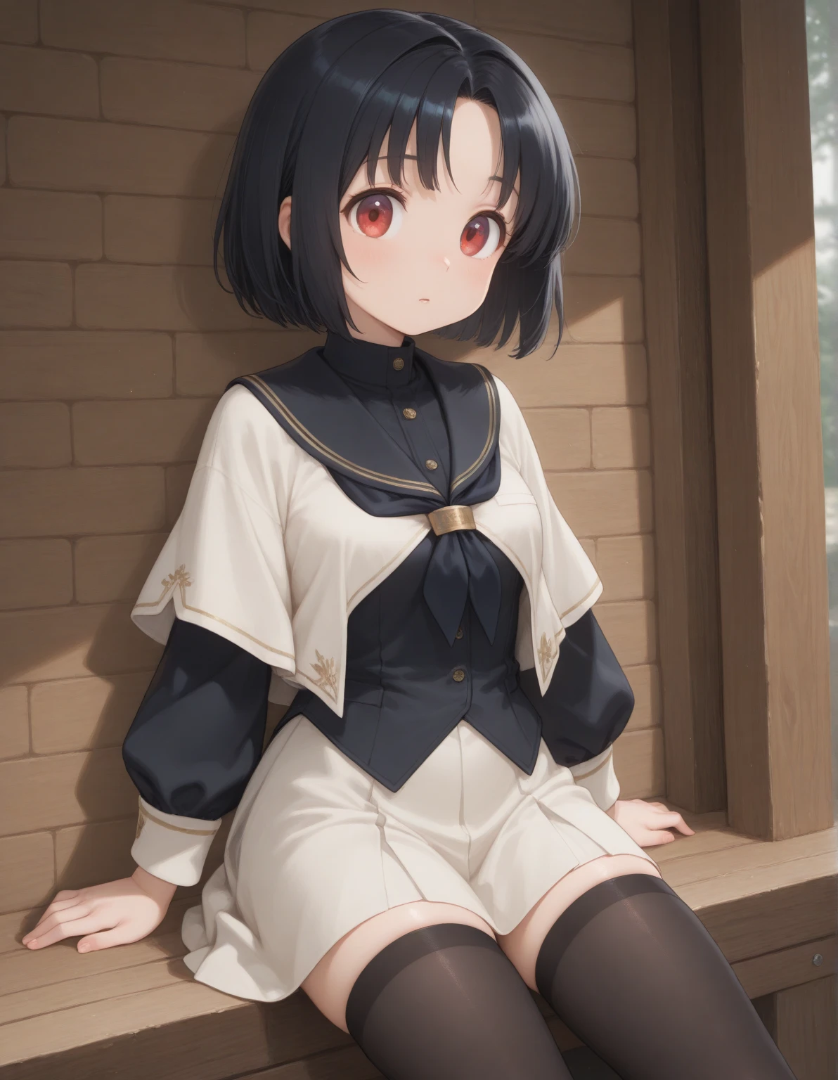 <lora:Lvi-NAI-LyCORIS-512px-LR-Merged:0.9>
1girl, solo, pantyhose, skirt, short hair, shoes, school uniform, blush, sitting, black hair, white background, serafuku, pleated skirt, simple background, black legwear, looking at viewer, bodysuit, full body, smile, sailor collar, long sleeves, hair between eyes, bow, shirt, panties, eyebrows visible through hair, black serafuku, underwear, closed mouth, black eyes, breasts, blue eyes, black shirt, black skirt, turtleneck, black gloves, bangs, black bodysuit, tomboy, gloves, grey eyes, blue skirt, bodystocking, medium breasts, dark-skinned female, dark skin, bowtie, shadow, latex, very short hair, black sailor collar, alternate costume