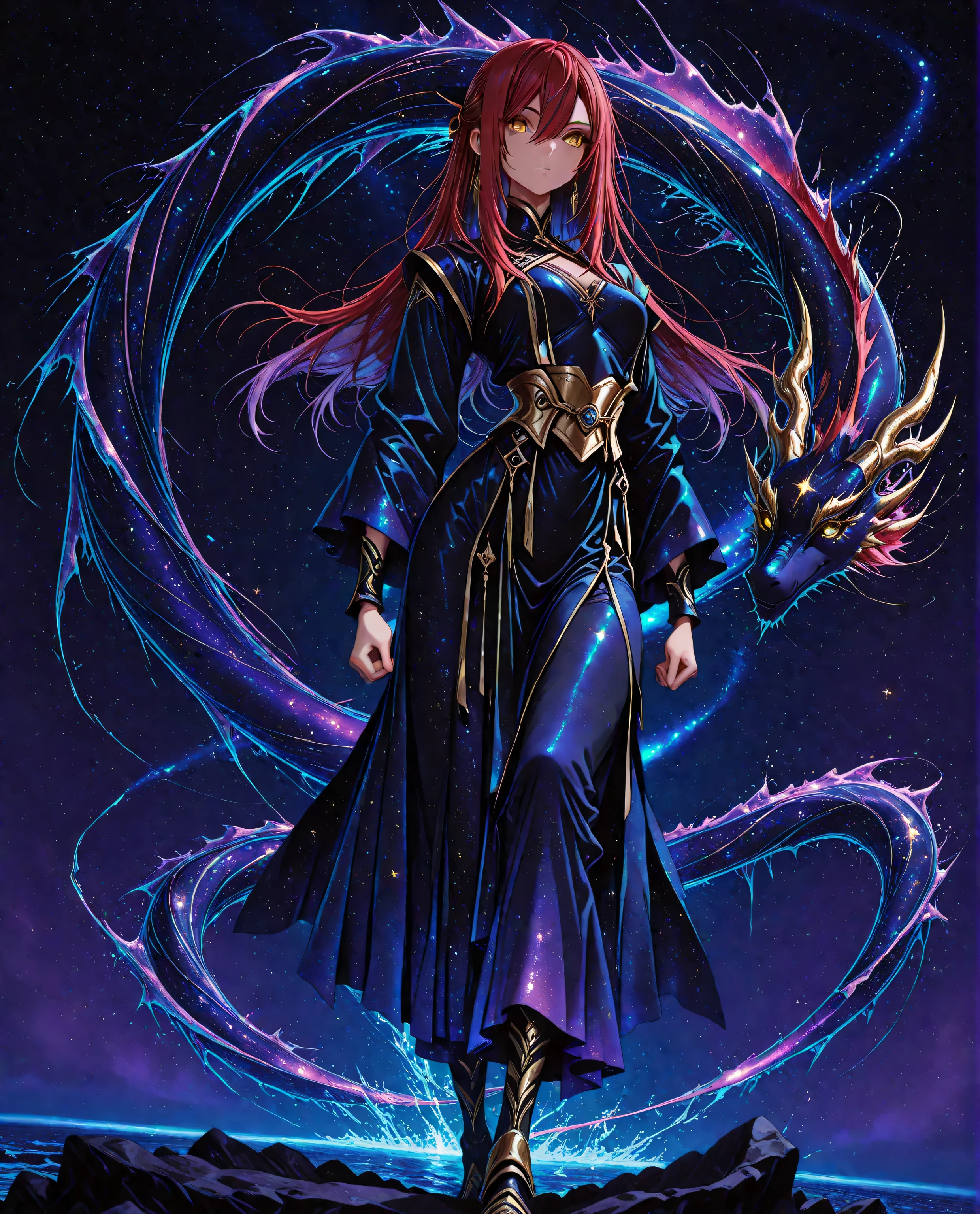 A fierce young maiden fused with the legendary Yamata no Orochi, standing over a raging ocean. Eight serpentine water streams swirl around her, each glowing with energy. She commands the waves, water columns rise like dragons into the sky. Her hair flows like kelp, and her ornate outfit is inspired by sea shells and ancient armor, cinematic lighting, high-action pose, splash effects, mythological fantasy style, detailed textures, 1 girl , golden eyes , very long hair , long sidelocks, red hair ,half updo, petite , very cute , beautiful ,Straight hair, cool, handsome, hair between eyes, sexy, medium breasts, full body, spiral dragon around her
dream galaxy, star, galaxy (theme), surreal, dreamcore, blue lineart, galaxy elements, aesthetic, soft colors, pastel colors, colored lineart, ((blue tones: 1.2)), ((purple tones: 1.2)), glitter effect, fantasy style, traditional japanese art, fighting stance,traditional japanese art, fighting stance ,((correct_anatomy)), (((dynamic pose))), (((dynamic angle))),
