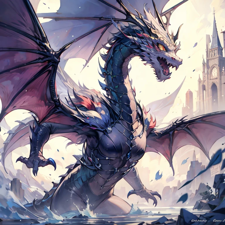 extremely detailed dragon with wings spread, ink drawing style