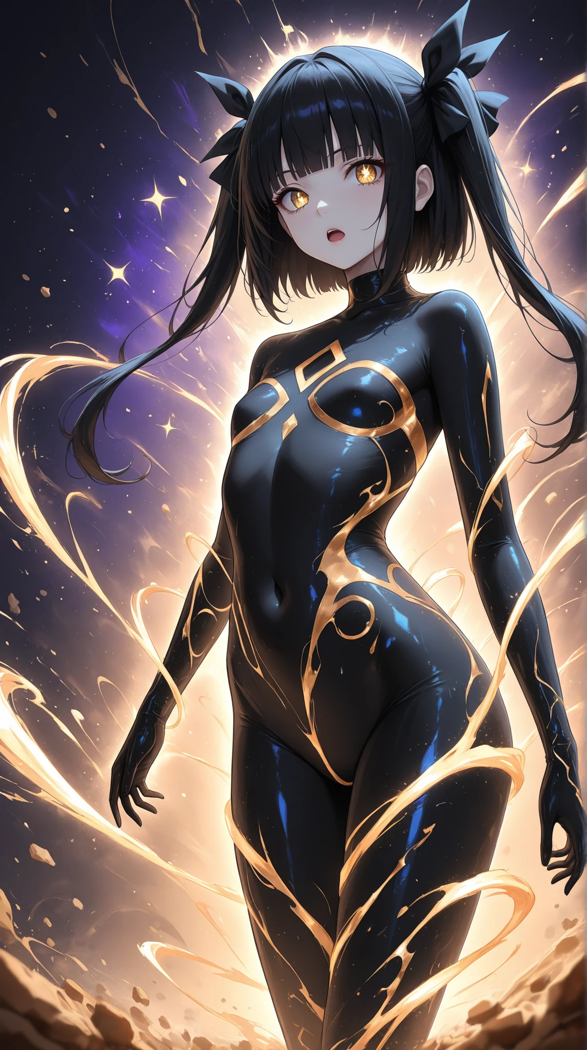 Highest quality Highest quality Draw a face carefully High-definition anime-style face Super Glowing Skin Long black hair Brown leotard Golden pantyhose Succubus lure smile Back view Rear view Ass close up