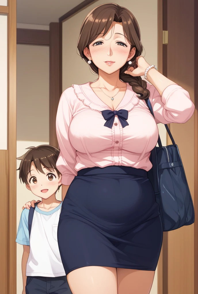score_9, score_8_up, score_7_up, source_anime, 1boy, 1girl, mature female, transparent dress, mother and son, ???, skirt lifting