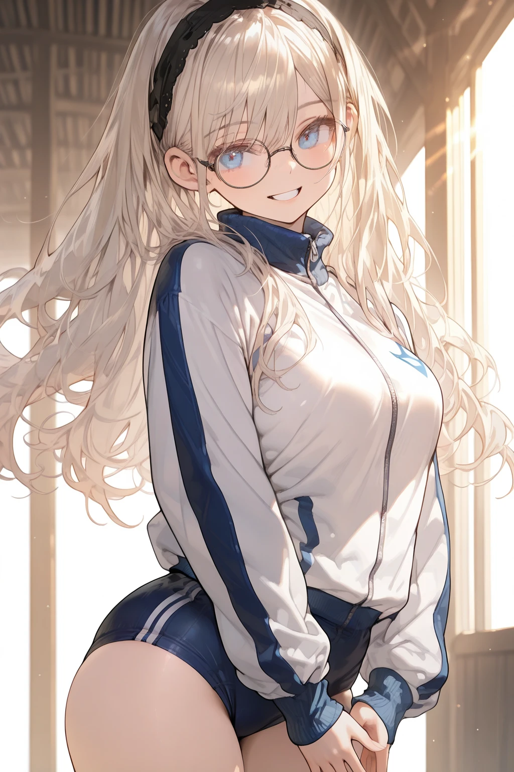 ph_eriri, 1girl, long hair, blonde hair, blue eyes, glasses, jacket, track jacket, green jacket, sawamura spencer eriri, black-framed eyewear, solo, bangs, open mouth, sitting, long sleeves, track suit, pants, very long hair, straight hair, arms up, one eye closed, (masterpiece:1.6, best quality), (finely detailed beautiful eyes: 1.2),
, (masterpiece:1.6, best quality), (finely detailed beautiful eyes: 1.2),