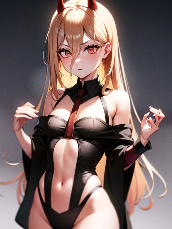 Beautiful woman wearing black underwear detailed body, long blond hair, horns, flat cheast, (power)