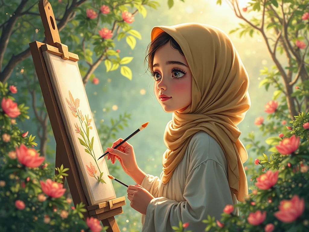 A girl with hijab some paint brush in her hand