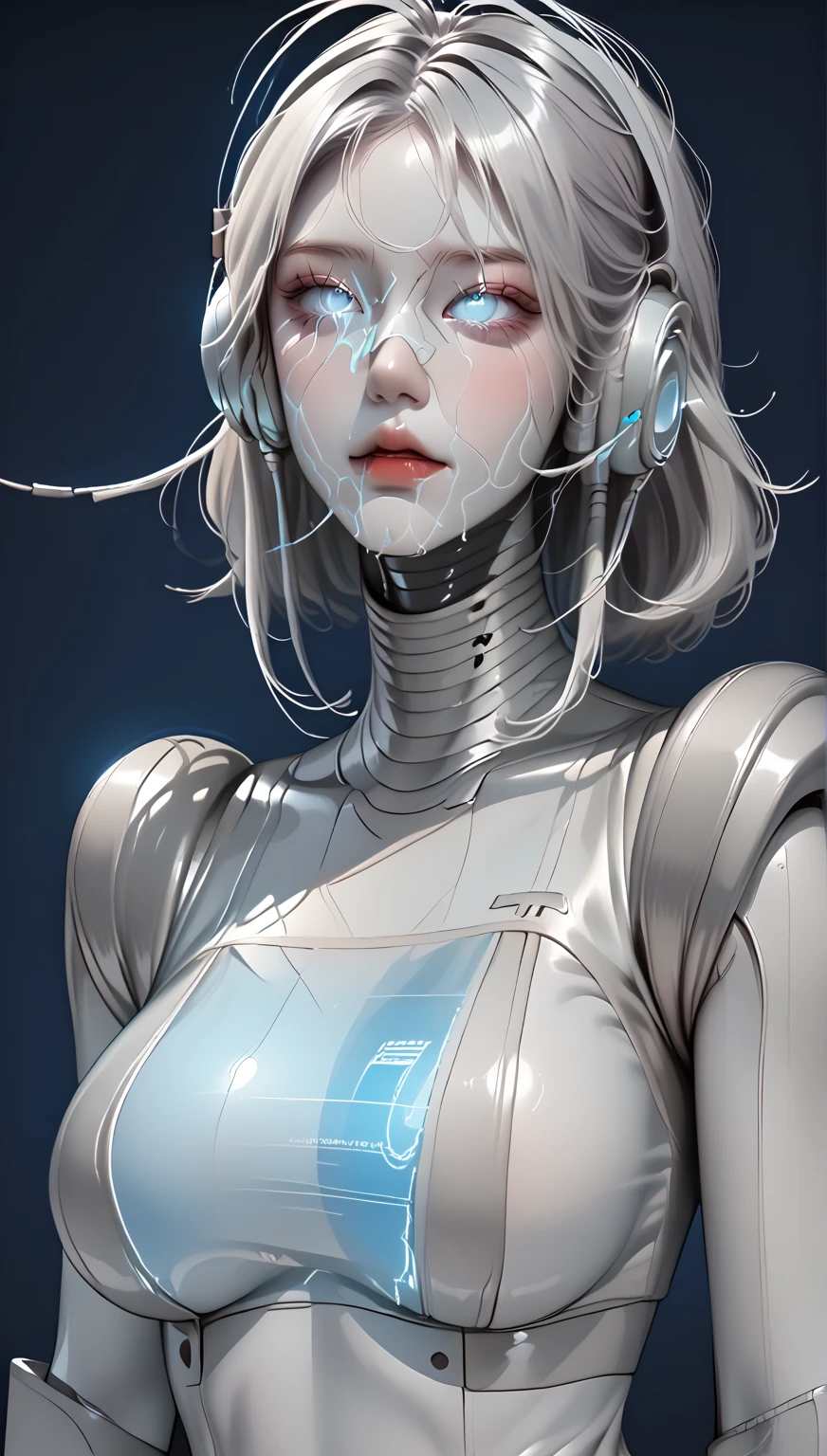 retro japanese pulp poster of a retro levitating cyberpunk girl, white bob haircut, transcendental expression on her face, eyes watering, tears streaming, robotic body parts, silicone implants, biohacking enhancements adorn the body, detailed features, vintage white background, a power button is planted in her upper chest, quantum wavetracing, cinematic composition, symmetrical by hajime Sorayama, masamune shirow