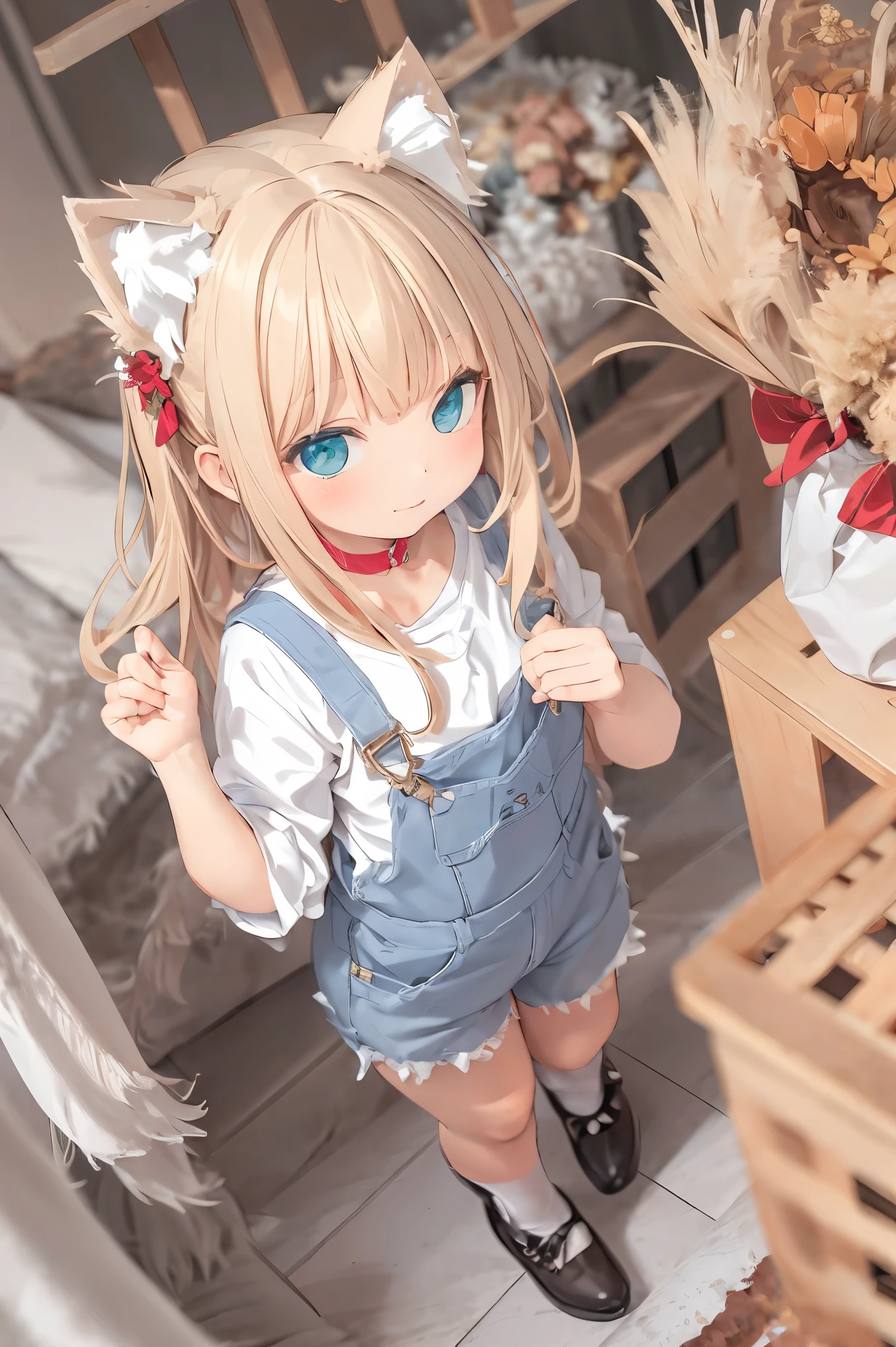 A cat has transformed into a human girl to return a favor. She stands at the front door, offering a bouquet of flowers. The girl has visible cat ears on her head, short brown hair, and wears denim overalls. The bouquet she holds contains various flowers, including green foxtail grass (Setaria, also known as "cat grass"). The scene is viewed from a slightly high angle, as if someone has just opened the door and is looking down at her. A warm, slightly magical atmosphere surrounds the scene. She looks up with a gentle, thankful expression.
