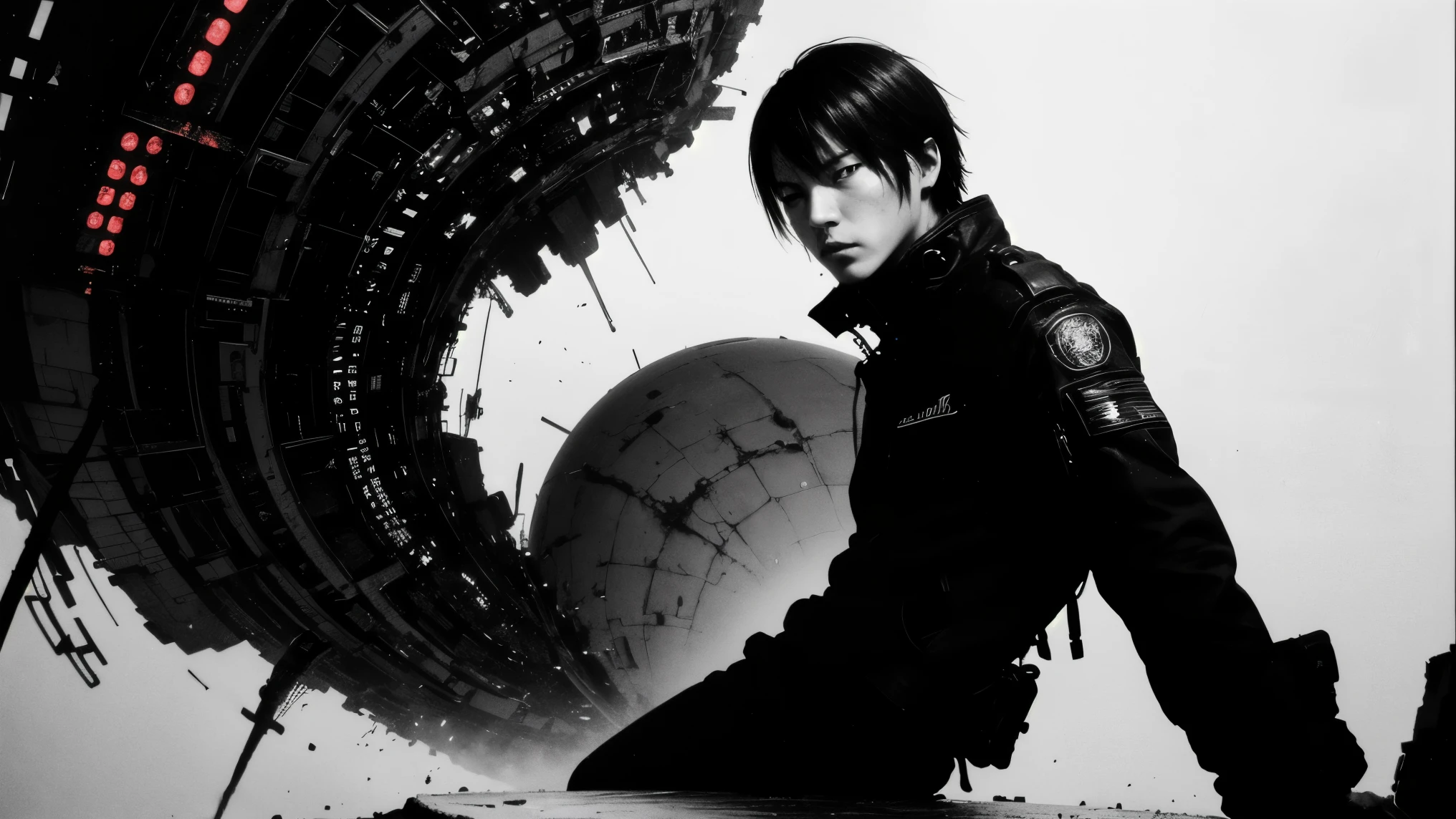 medium shot, 50mm lens，仰拍，side-front view，solo，blame, tsutomu nihei, by tsutomu nihei,movie, killy, cibo, GBE,1boy, killy, ova, 画面中心一只黑色战术装备的手套手持握GBE，瞄准了前方，它的枪口冒着红光蓄势待发，背景是超现实空间， realistic anatomical proportions, inspired by Tsutomu Nihei's BLAME!, ultra-detailed illustration, monochrome palette with red highlights, cinematic lighting, high contrast shadows, ink-style rendering