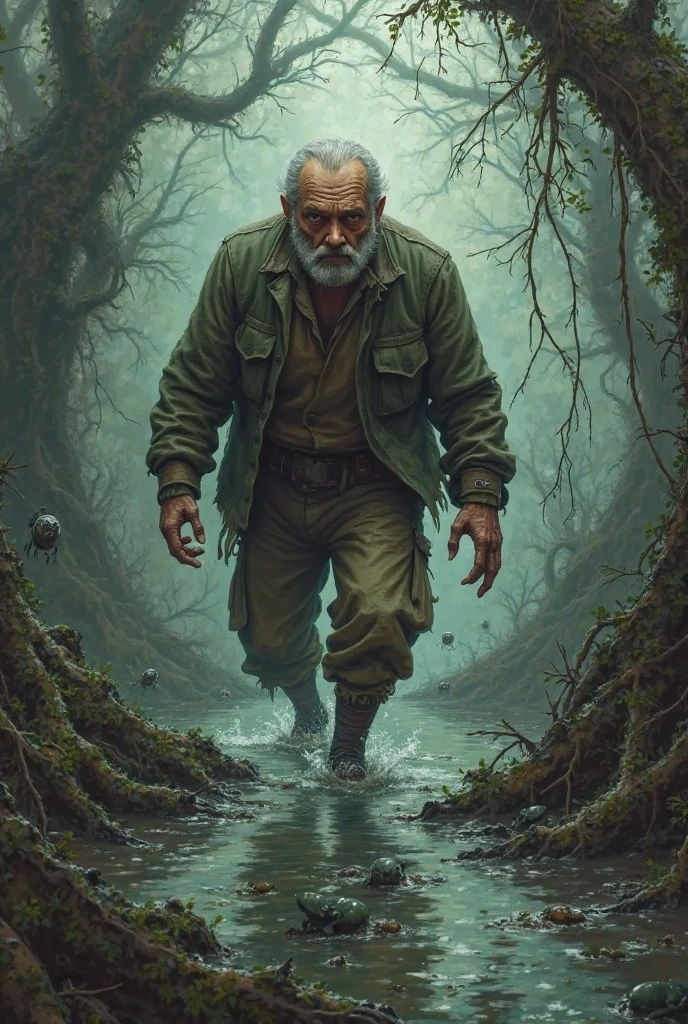 An old man with a zombie girl in a swamp, in futuristic clothing